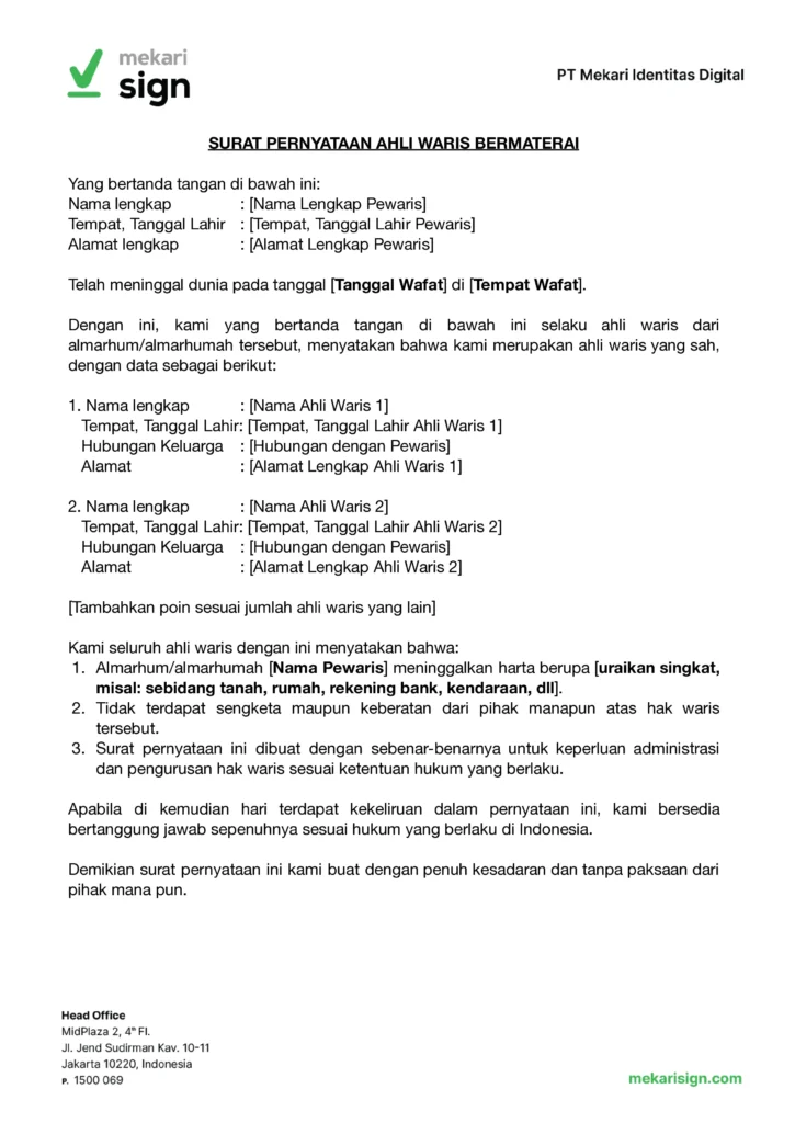 Contoh Surat Pernyataan Ahli Waris Bermaterai - Mekari Sign