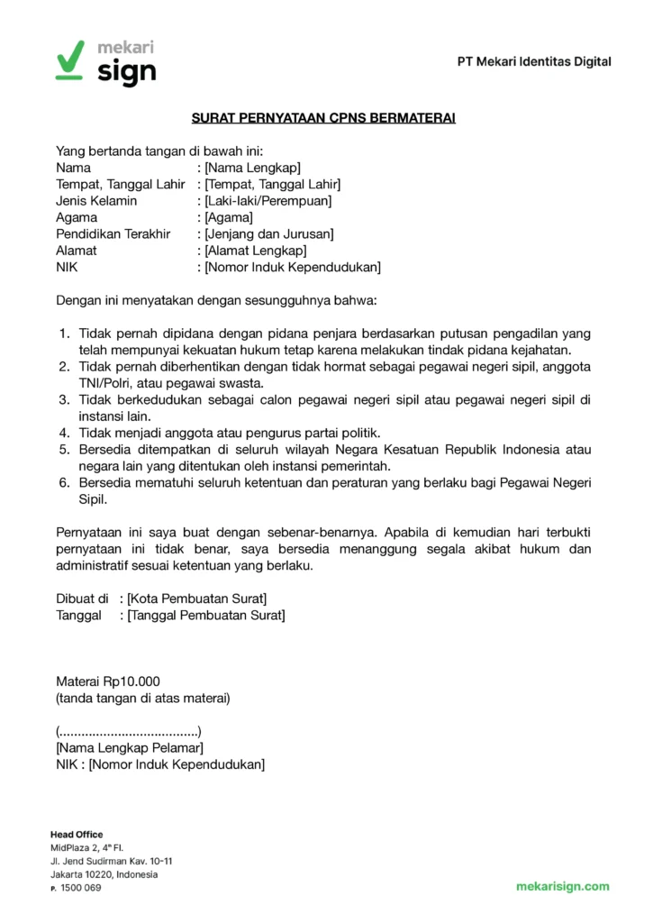 Contoh Surat Pernyataan CPNS Bermaterai - Mekari Sign