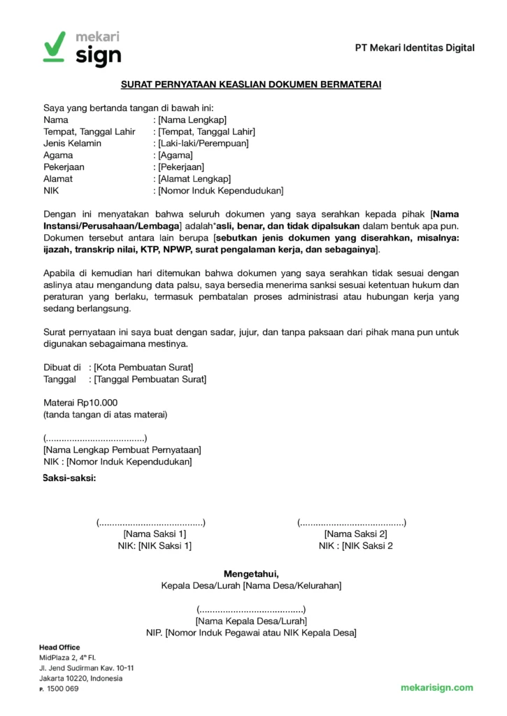 Contoh Surat Pernyataan Keaslian Dokumen Bermaterai - Mekari Sign