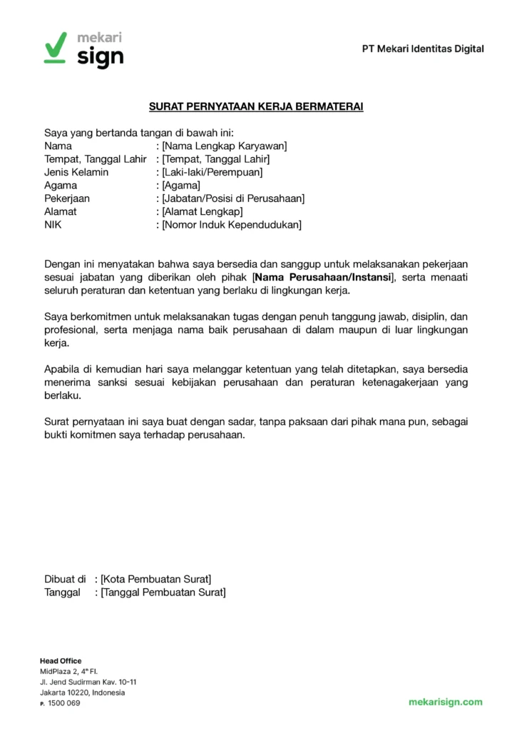 Contoh Surat Pernyataan Kerja Bermaterai - Mekari Sign