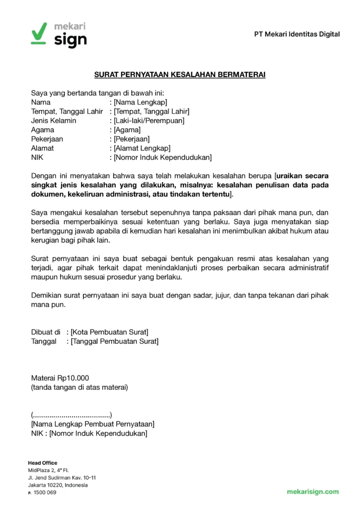 Contoh Surat Pernyataan Kesalahan Bermeterai - Mekari Sign