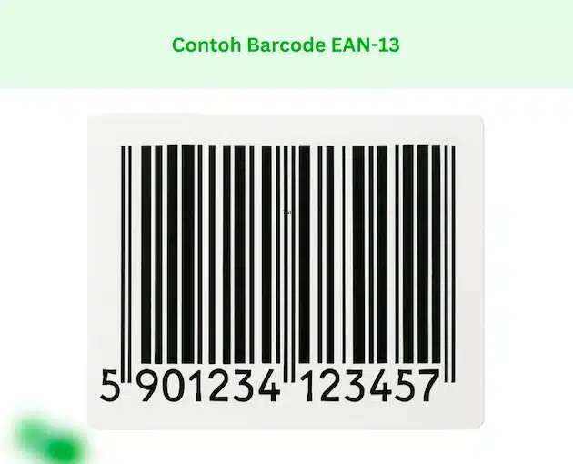 Contoh barcode EAN-13 pada kemasan produk retail menunjukkan garis-garis vertikal dan angka identifikasi.