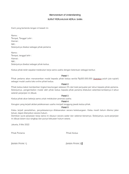 Contoh Memorandum of Understanding