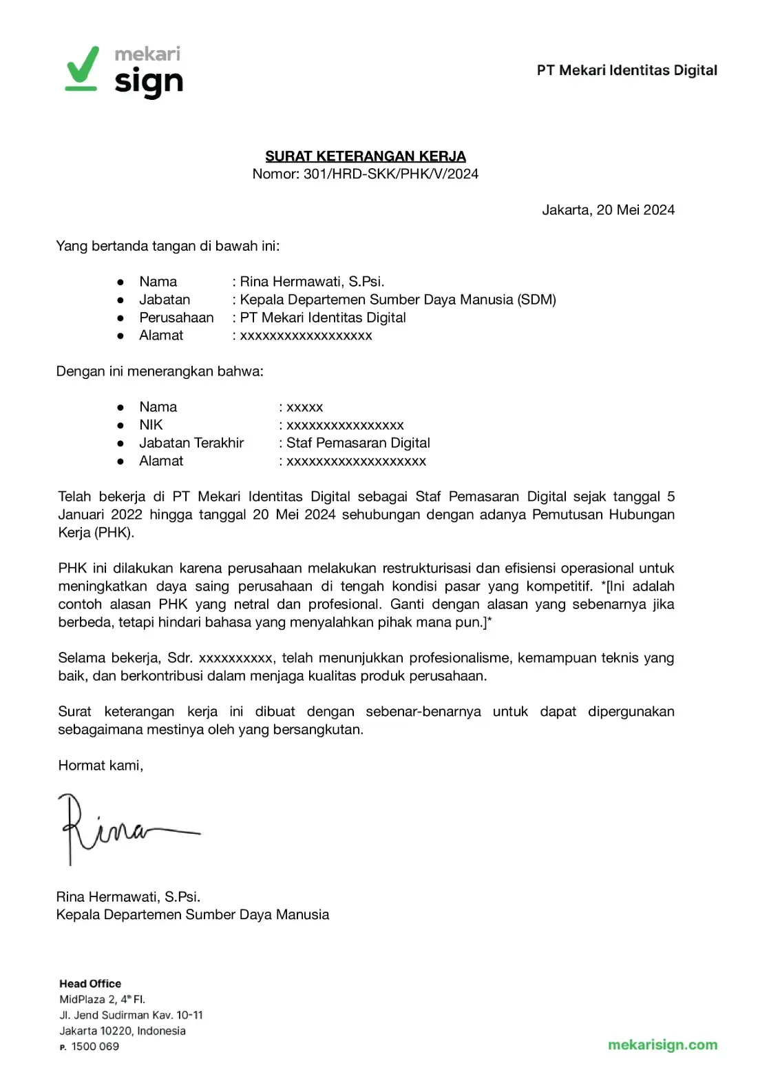 Contoh Paklaring PHK - Mekari Sign