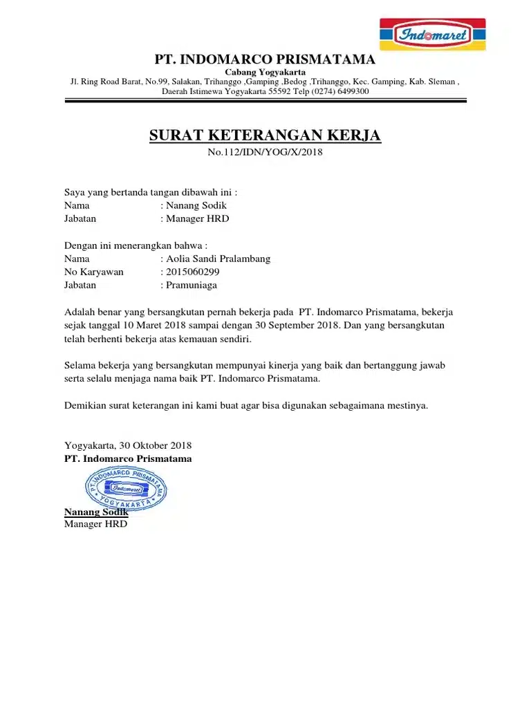 Contoh Paklaring PT Indomarco Prismatama