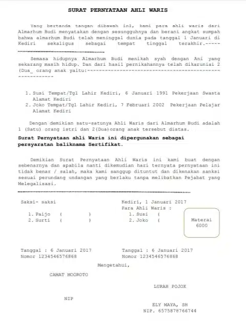 Contoh Surat Ahli Waris 3