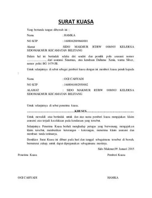 Contoh Surat Kuasa Klaim Asuransi