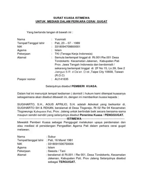 Contoh Surat Kuasa Mediasi