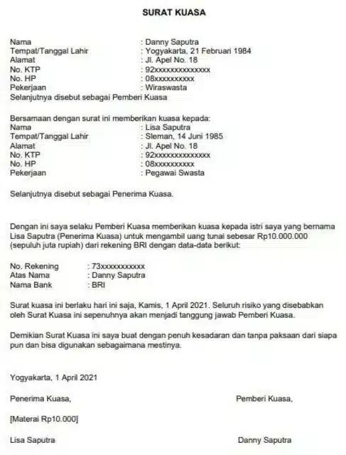 Contoh Surat Kuasa Mengambil Uang di Bank