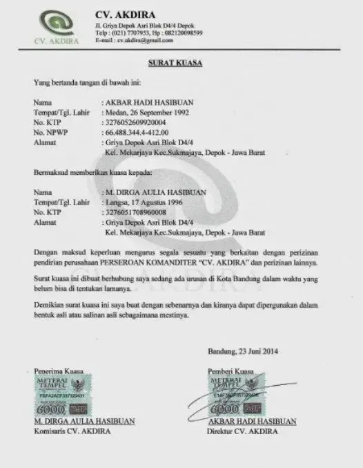 Contoh Surat Kuasa Mengurus CV