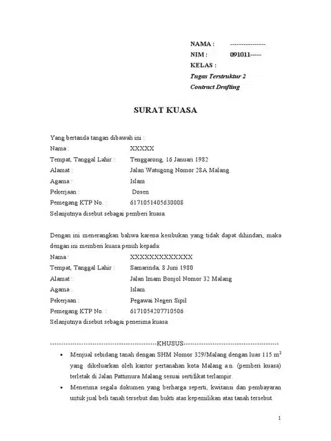 Contoh Surat Kuasa Menjual Tanah