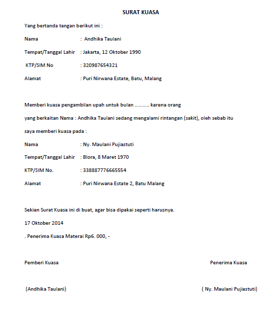 Contoh Surat Kuasa Pengambilan Upah
