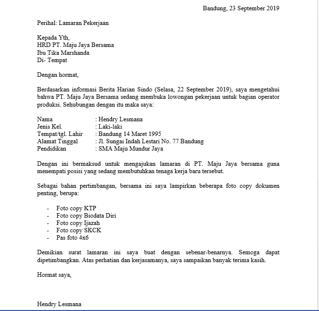 Contoh Surat Lamaran Kerja di Pabrik
