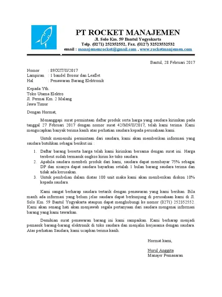 Contoh Surat Penawaran Barang Elektronik