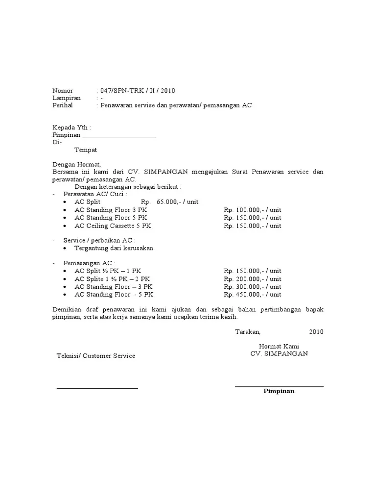 Contoh Surat Penawaran Jasa Service AC