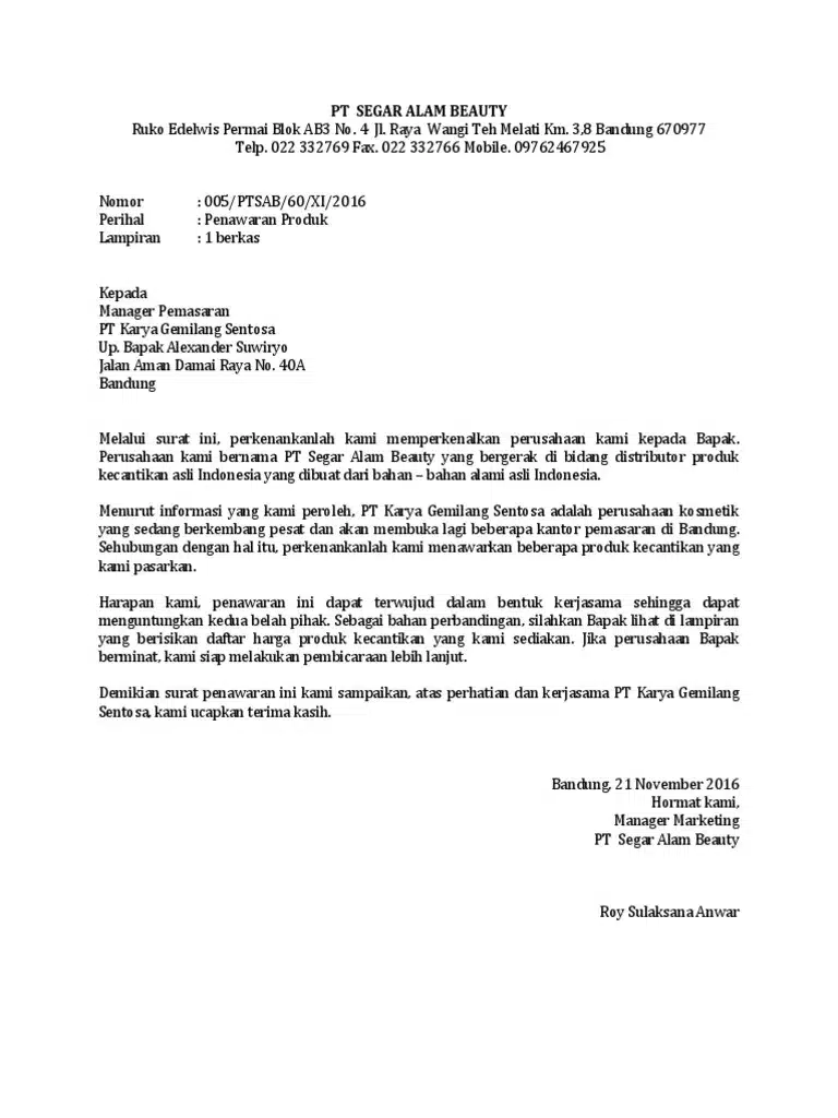 Contoh Surat Penawaran Produk Kosmetik