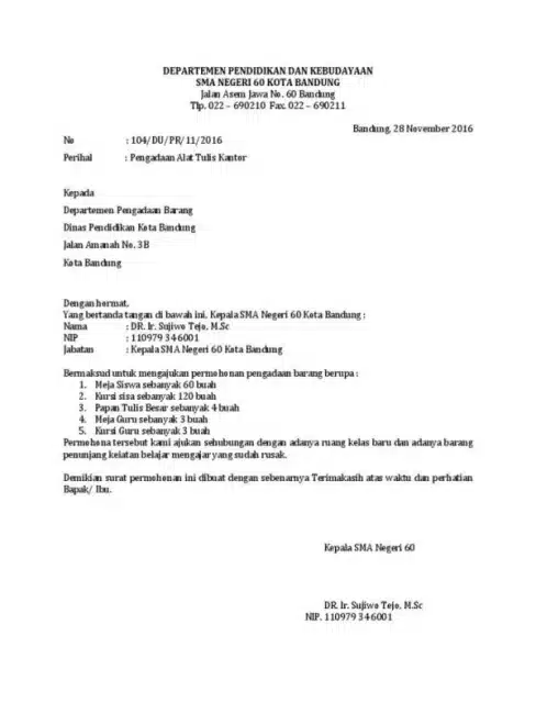 Contoh Surat Pengadaan Barang Kebutuhan Sekolah