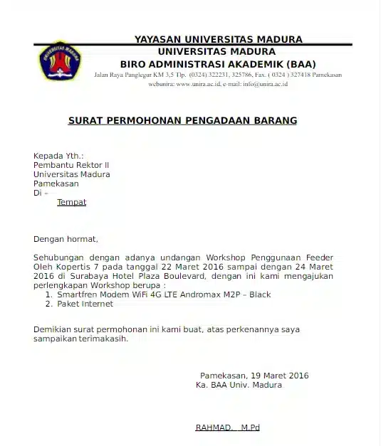 Contoh Surat Pengadaan Barang Workshop