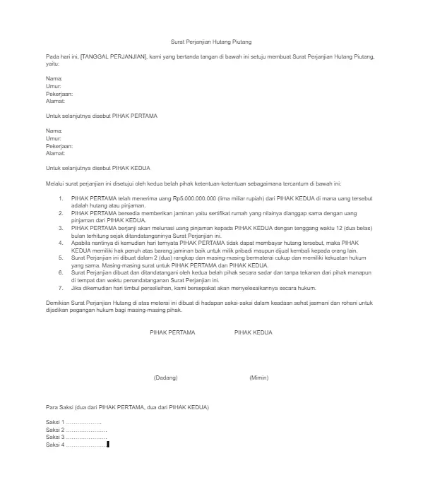 Contoh Surat Perjanjian Hutang Piutang 1