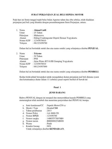Contoh Surat Perjanjian Jual Beli Sepeda Motor