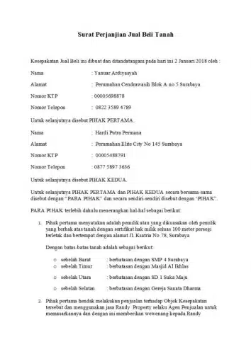 Contoh Perjanjian Jual Beli Tanah