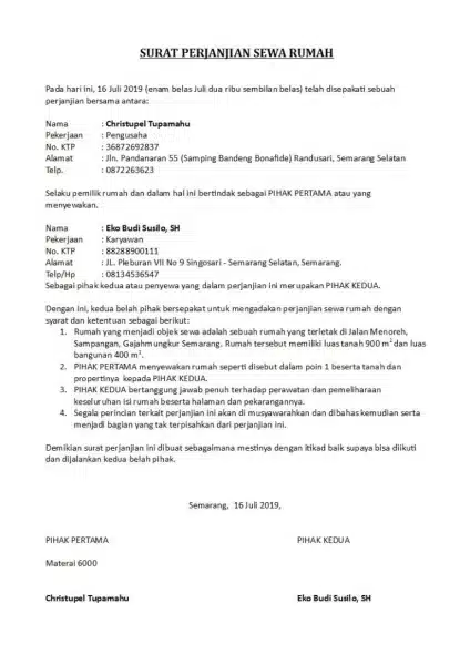 Contoh Surat Perjanjian Sewa Rumah