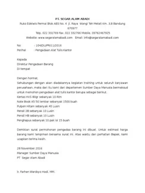 Contoh Surat Permohonan Pengadaan Barang Alat Tulis Kantor