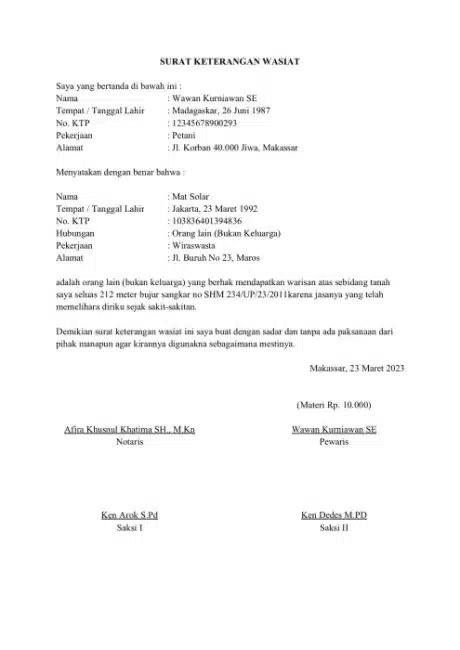 Contoh Surat Pernyataan Ahli Waris 5
