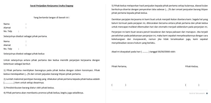 Contoh surat perjanjian dagang