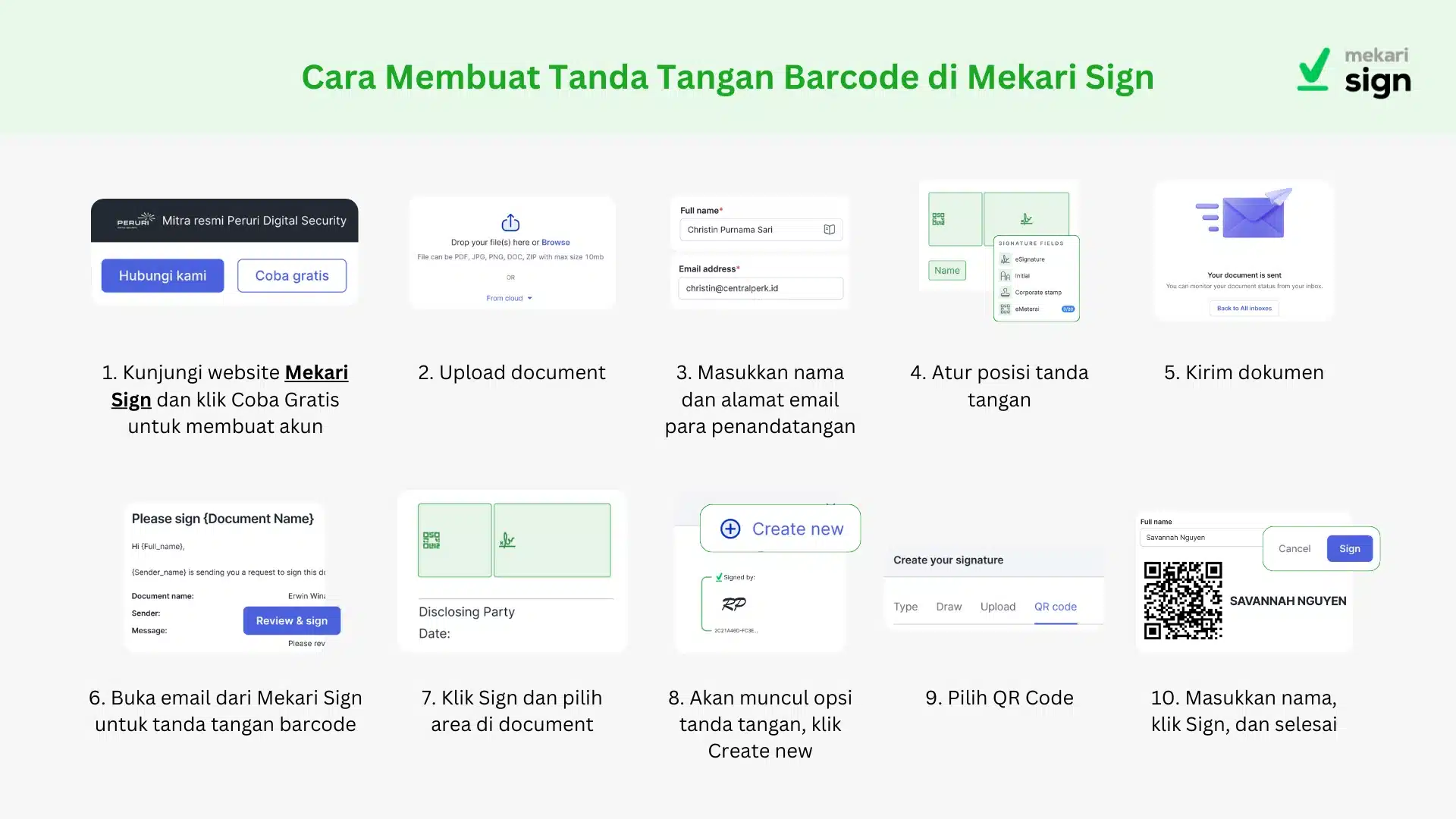 Cara membuat tanda tangan barcode di Mekari Sign dalam 10 langkah. Mulai dari daftar akun di website Mekari Sign, upload dokumen, isi data penandatangan, atur posisi tanda tangan, kirim dokumen, buka email undangan, pilih area tanda tangan, buat tanda tangan baru, pilih format QR Code, lalu masukkan nama dan selesaikan proses tanda tangan.