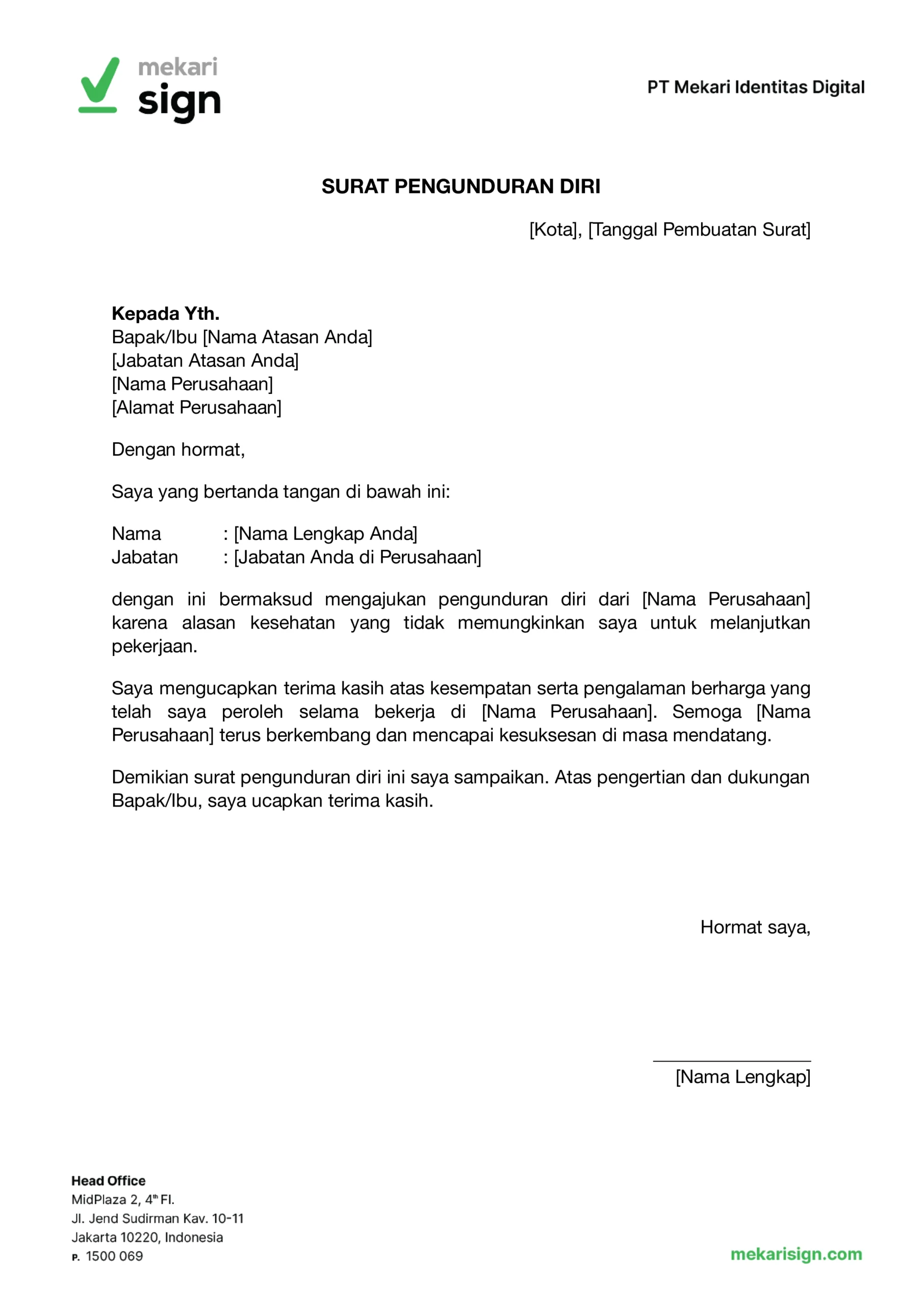 contoh surat pengunduran diri karena sakit