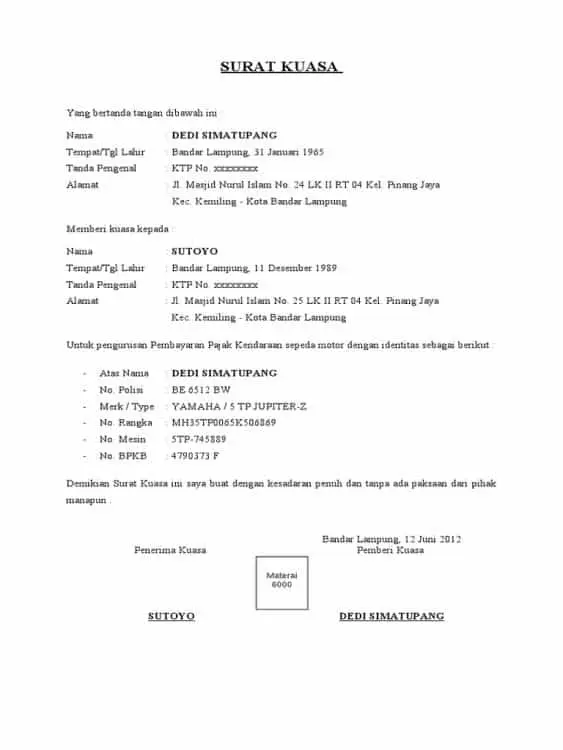 contoh surat kuasa pribadi