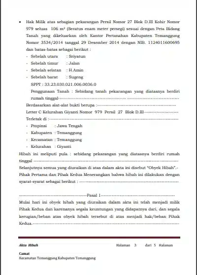 Contoh Akta Hibah Halaman Ketiga
