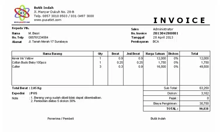 Ini adalah contoh invoice sebagai bukti transaksi yang sah
