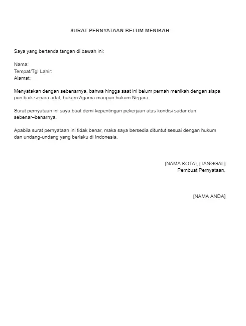 Contoh Pernyataan Belum Menikah