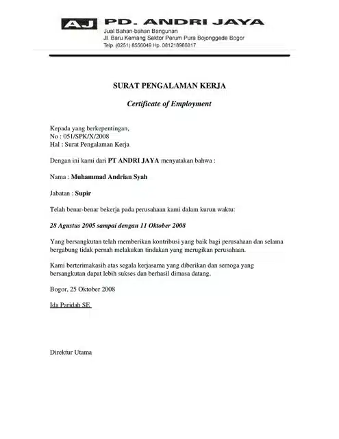 Contoh Referensi Kerja untuk Supir