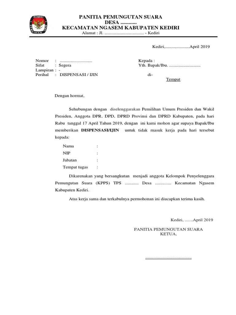 Contoh Surat Dispensasi KPPS