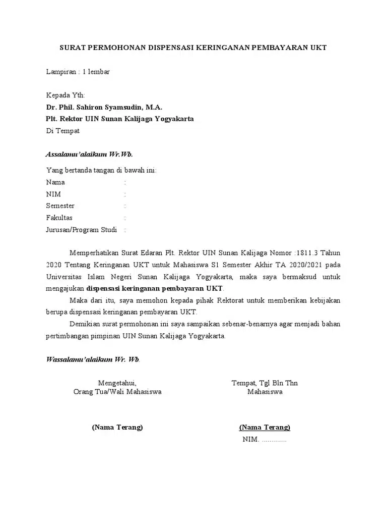 Contoh Surat Dispensasi Keringanan Pembayaran UKT