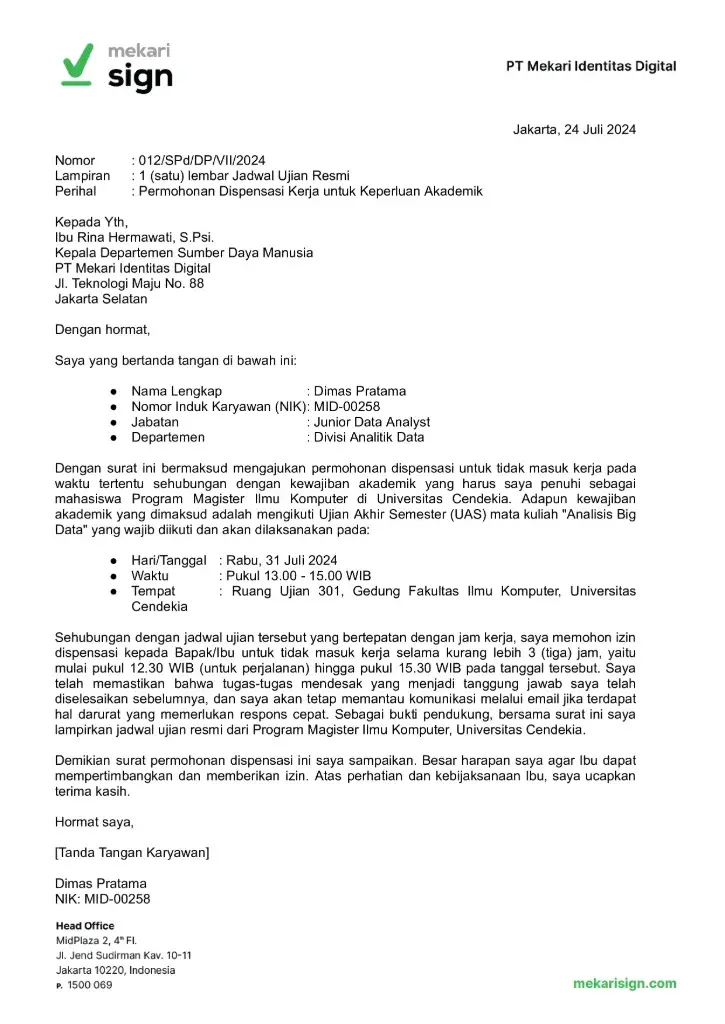 Contoh Surat Dispensasi Kerja Karena Kuliah - Mekari Sign.docx