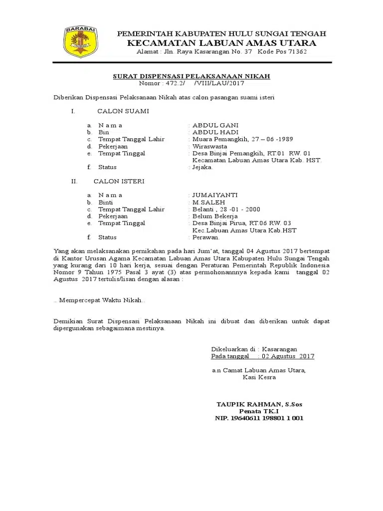 Contoh Surat Dispensasi Kerja Karena Menikah