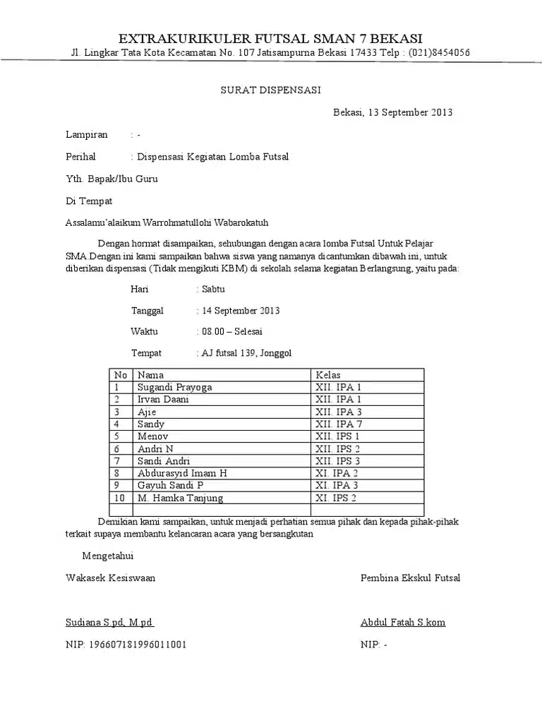 Contoh Surat Dispensasi Sekolah untuk Mengikuti Lomba Futsal