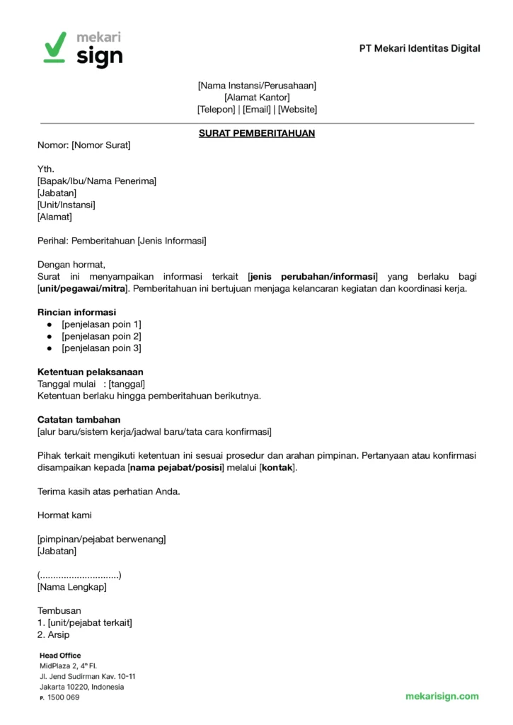 Contoh Surat Pemberitahuan Resmi - Mekari Sign