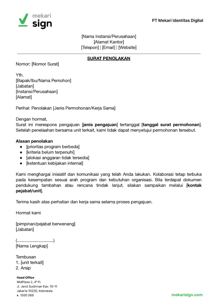Contoh Surat Penolakan Resmi - Mekari Sign