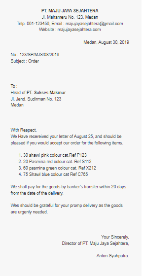 Contoh Surat Pesanan Barang Bahasa Inggris 2