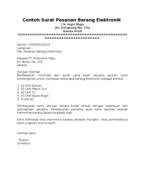 Contoh Surat Pesanan Barang Elektronik 2