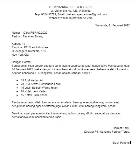 Contoh Surat Pesanan Barang dari Surat Kabar 2