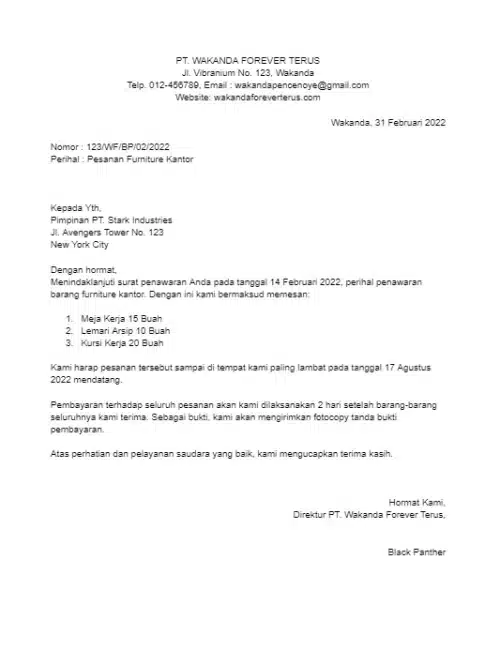 Contoh Surat Pesanan Furniture Kantor