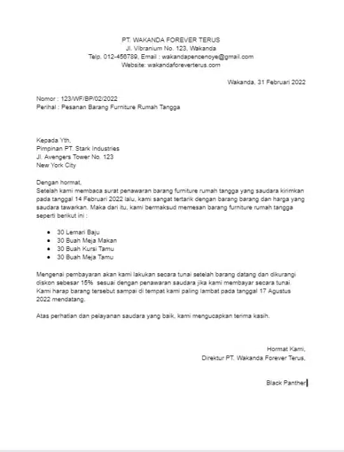 Contoh Surat Pesanan Furniture