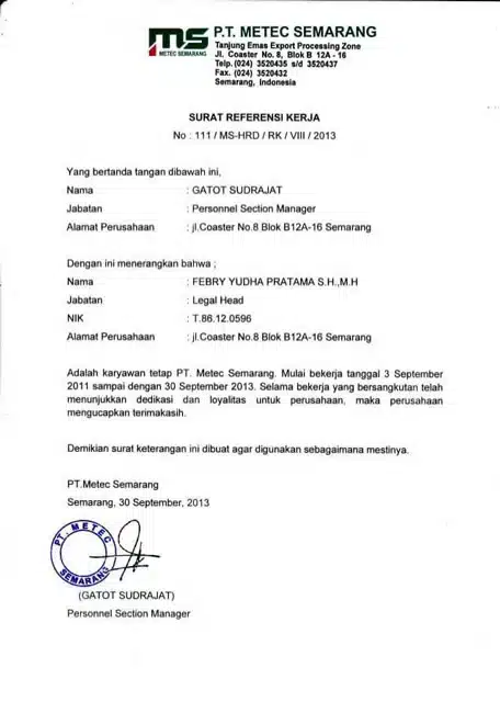 Contoh Surat Referensi Kerja dari Perusahaan Swasta