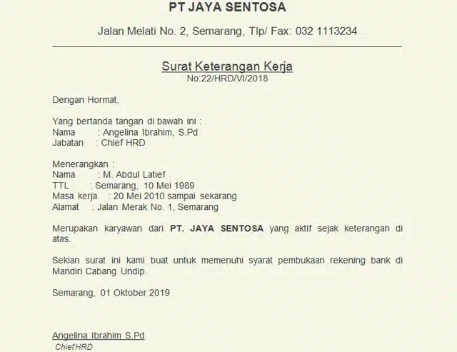 Contoh Surat Referensi Kerja untuk Bank